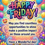 Happy Friday Message Image for Opportunities and Positive Impact, featuring bright balloons, confetti, smiling emojis, and vibrant flowers, symbolising joy, confidence, and a positive start to the day.