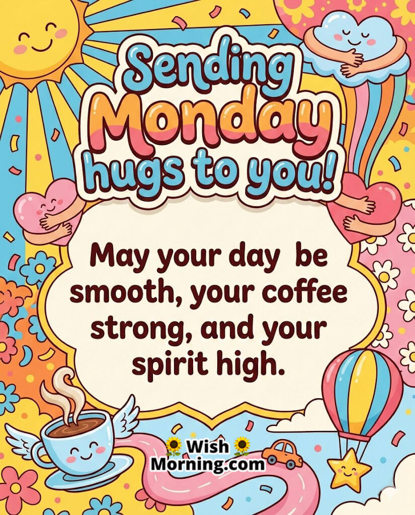Cheerful Monday image featuring a smiling sun, coffee cup with wings, and colorful hot air balloon symbolizing warmth, comfort, and uplifting Monday vibes.