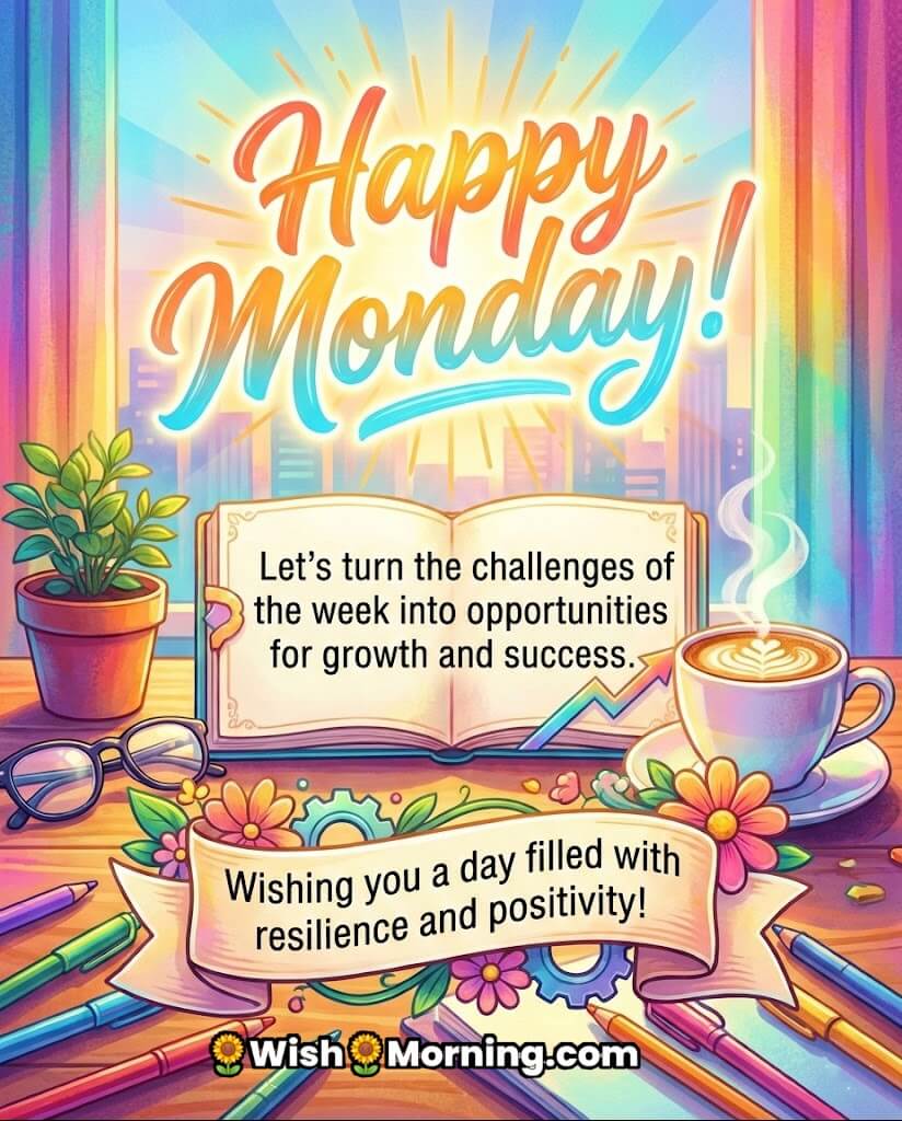Happy Monday Message Image for Growth and Success, featuring a colourful desk with sunrise glow, open book, coffee cup, and flowers, symbolising motivation and a fresh week.