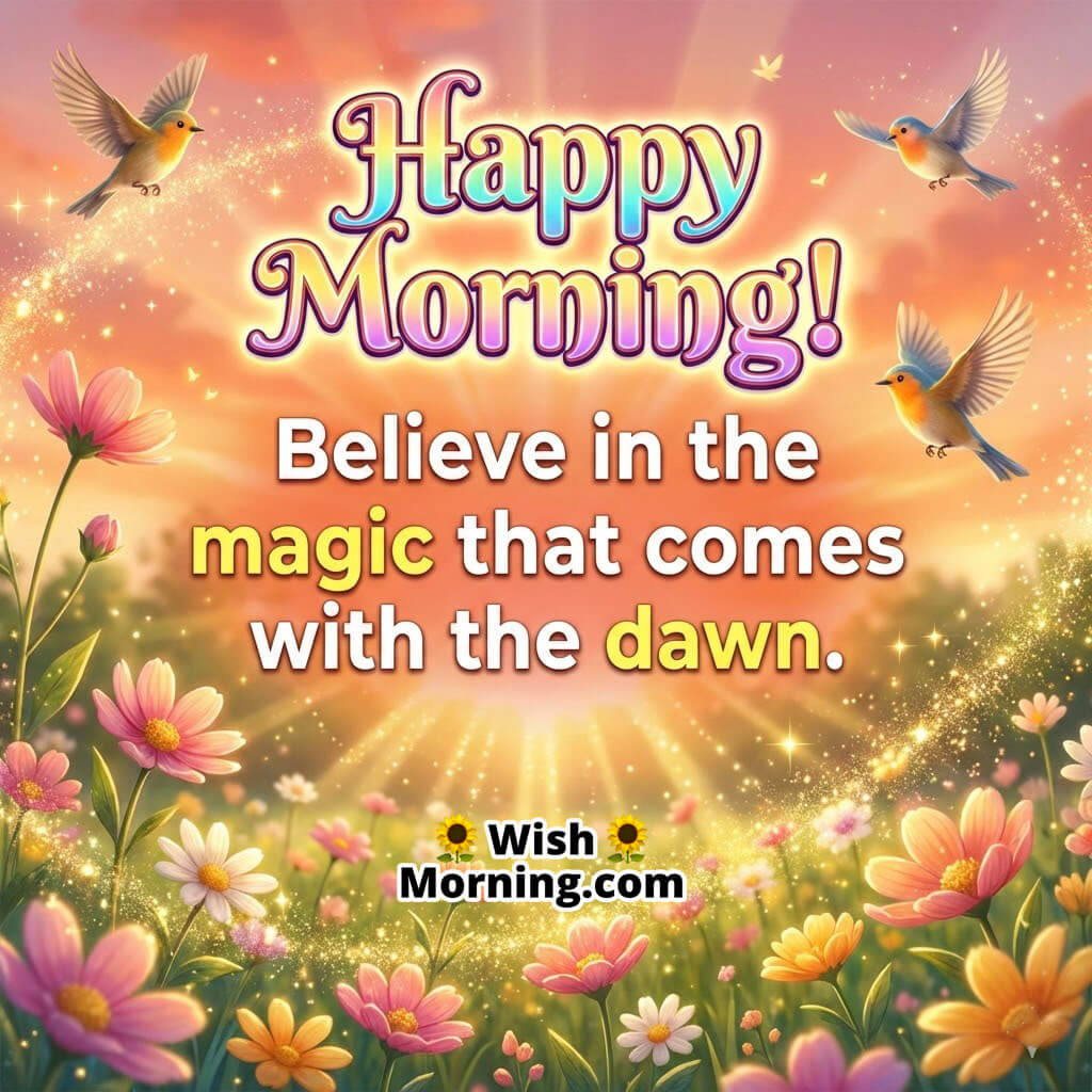 Happy Morning Message image featuring a glowing sunrise with colourful flowers butterflies and flying birds, symbolizing hope positivity and the magic of a fresh new day.
