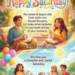Happy Saturday Message Image for Cheerful Weekend Start, featuring a cosy home scene with a smiling couple enjoying coffee and books by the window, balloons, sunlight, and a playful family moment outdoors, symbolising joy, relaxation, and togetherness.