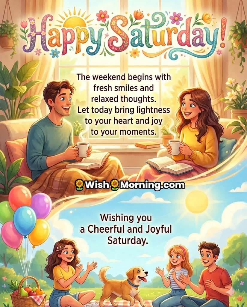 Happy Saturday Message Image for Cheerful Weekend Start, featuring a cosy home scene with a smiling couple enjoying coffee and books by the window, balloons, sunlight, and a playful family moment outdoors, symbolising joy, relaxation, and togetherness.