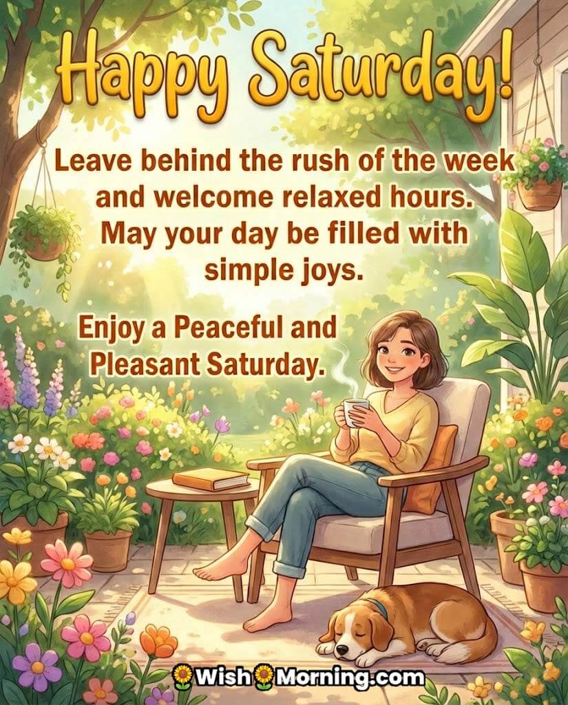 Happy Saturday Message Image for Peaceful Weekend Vibes, featuring a woman relaxing with a cup of coffee in a lush garden, blooming flowers, hanging plants, and a resting dog, symbolising calm moments and simple happiness.