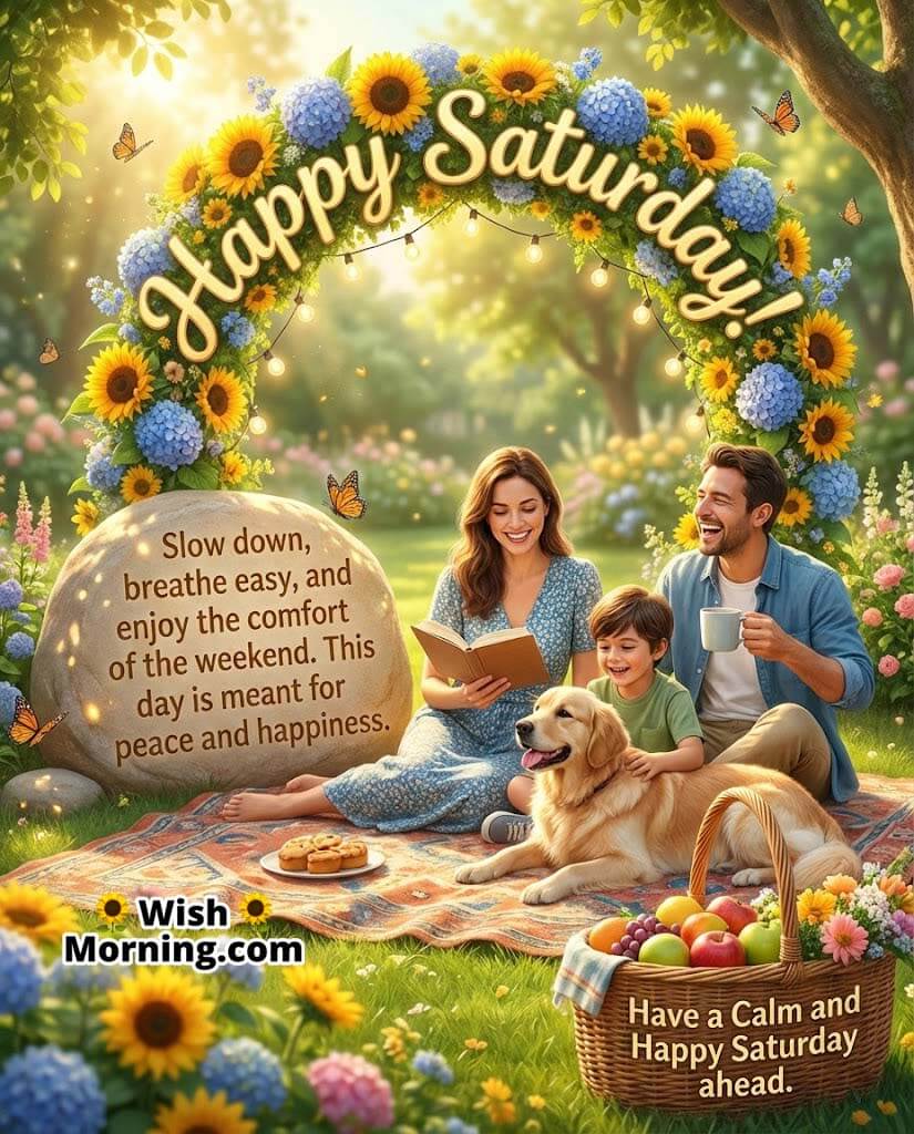 Happy Saturday Wish Image for Calm and Happiness, featuring a peaceful garden picnic with a happy family, a dog, books, fruits, sunflowers, and soft sunlight, symbolising rest, bonding, and weekend comfort.