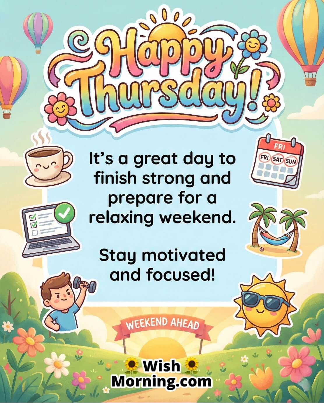 Happy Thursday Message Image for Weekend Motivation, featuring a cute morning sky with hot air balloons, coffee cup, calendar, laptop checklist, workout boy, beach hammock, and smiling sun, symbolising focus, energy, and a strong finish to the week.