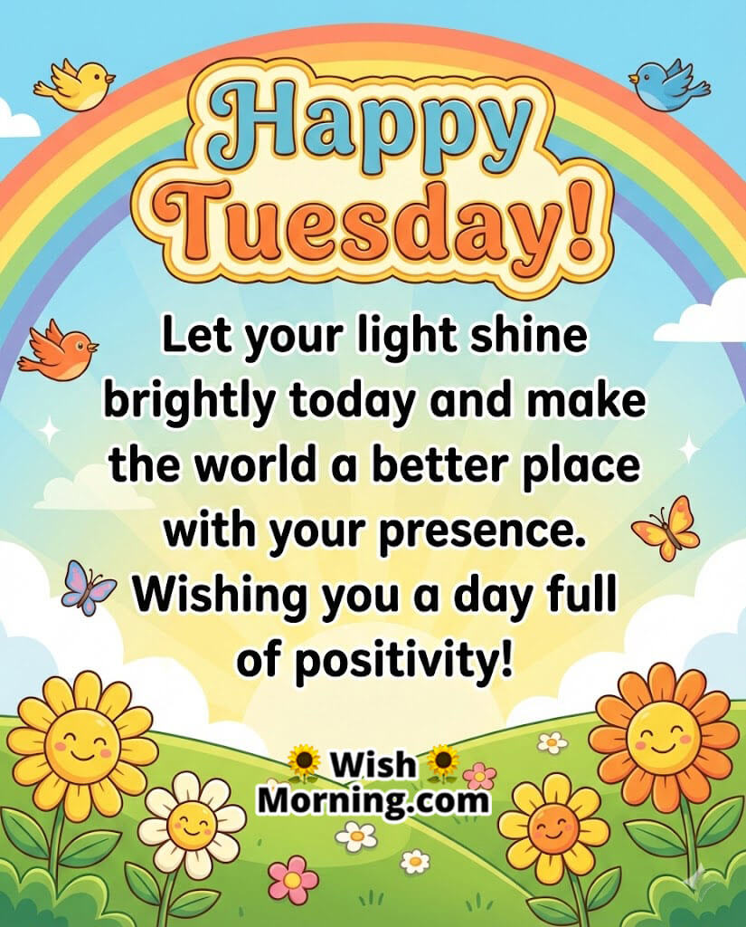 Happy Tuesday Message for Positivity and Bright Energy image featuring a rainbow sky, cute birds, smiling flowers, and a green meadow symbolizing hope, kindness, and a cheerful day.