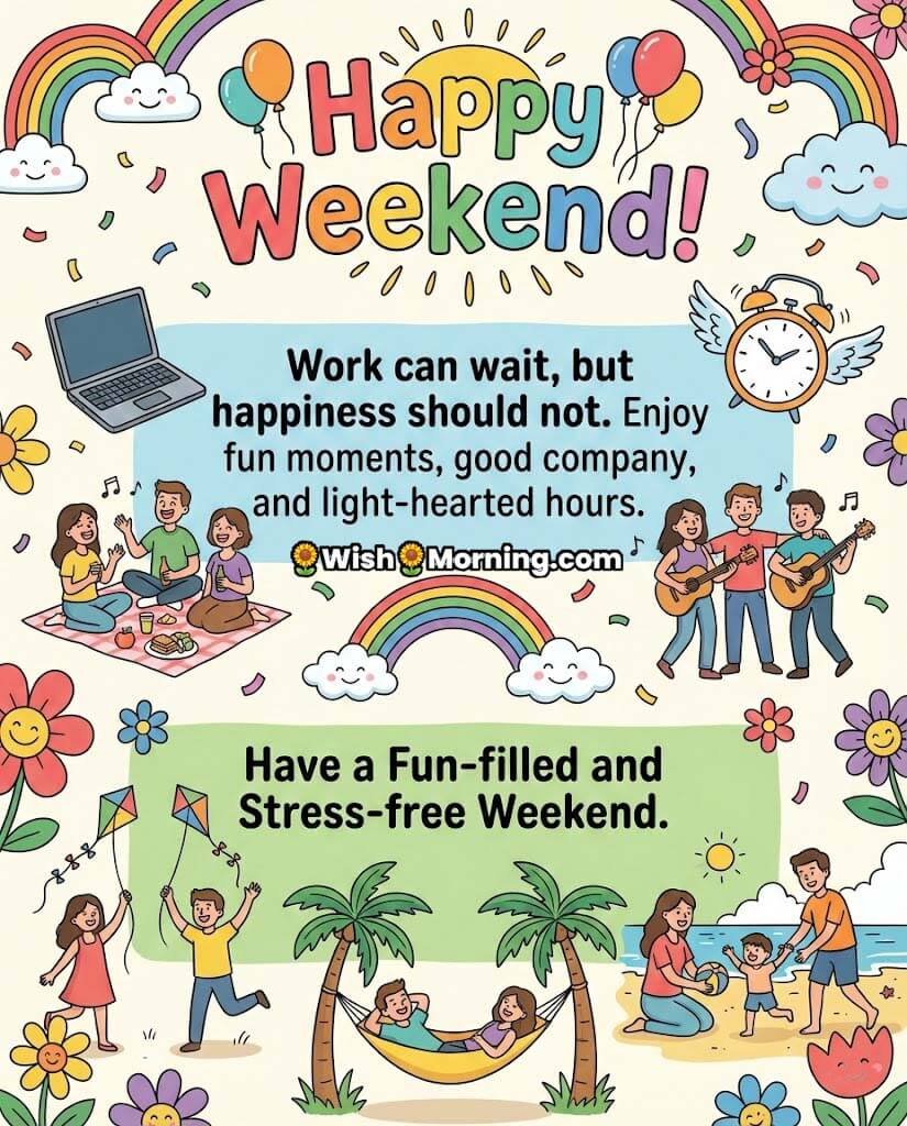 Happy Weekend Message Image for Fun and Stress-Free Time, featuring cheerful family activities like picnics, music, kite flying, beach fun, hammocks, rainbows, and balloons, symbolising joy, bonding, and carefree weekend vibes.