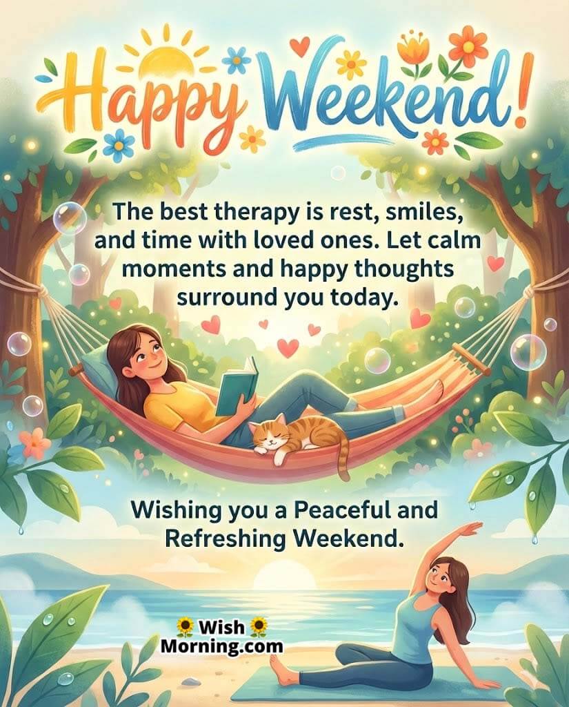 Happy Weekend Message Image for Peace and Relaxation, featuring a woman resting in a hammock with a book, a cat, soft greenery, bubbles, and a calm seaside yoga scene, symbolising rest, self-care, and a refreshing weekend.