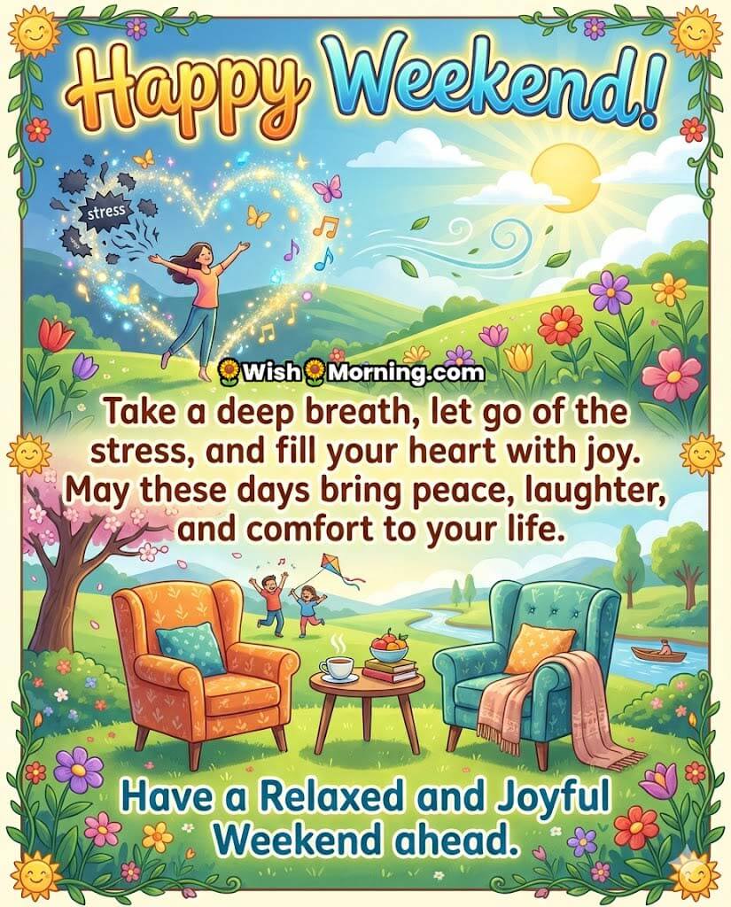 Happy Weekend Wish Image for Relaxation and Joy, featuring an open garden scene with sunshine, flowers, music notes, a joyful woman releasing stress, cosy chairs, family moments, and nature elements, symbolising peace and happiness.