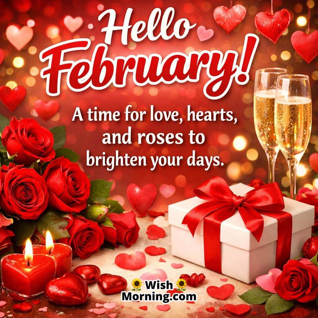 Hello February Love Wishes image featuring roses, candles, gifts, and champagne, symbolising romance and heartfelt February moments.
