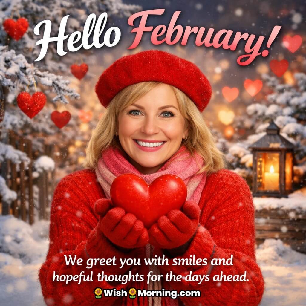 Hello February Morning Greeting featuring a smiling woman in red winter wear holding a heart, surrounded by soft snowfall and warm lights, symbolising hopeful beginnings and gentle days ahead.