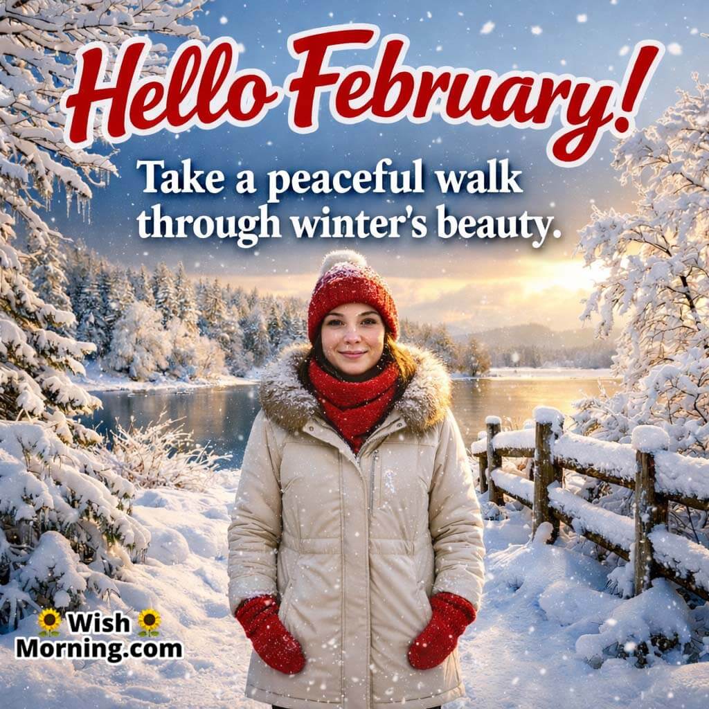 Hello February Peaceful Morning image featuring a woman walking beside a snowy lake, symbolising calm thoughts and winter silence.
