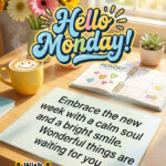 Hello Monday image featuring a smiling coffee cup, flowers, and an open planner by the window symbolizing calm energy, positivity, and a bright start to the week.