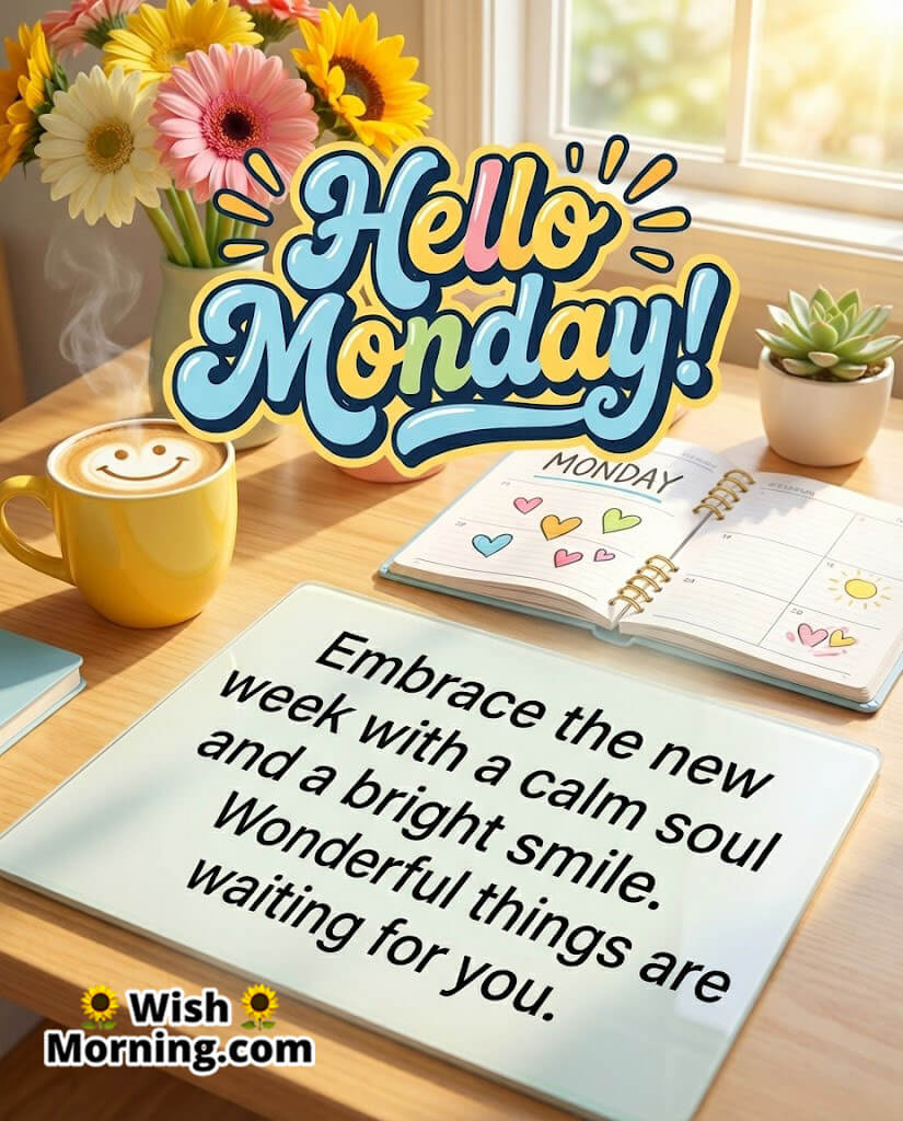 Hello Monday image featuring a smiling coffee cup, flowers, and an open planner by the window symbolizing calm energy, positivity, and a bright start to the week.