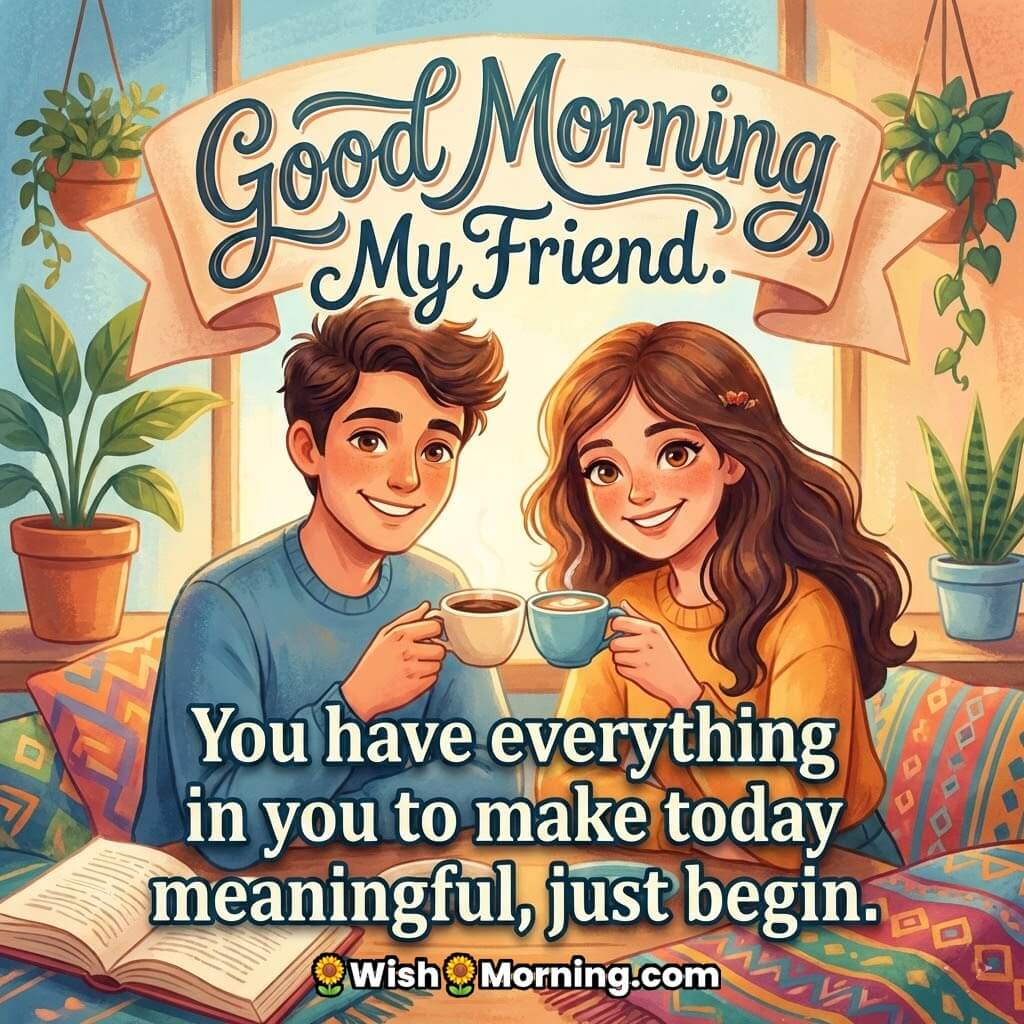 Good Morning My Friend image featuring two friends holding coffee mugs with books and plants around, symbolizing confidence hope and a meaningful start.