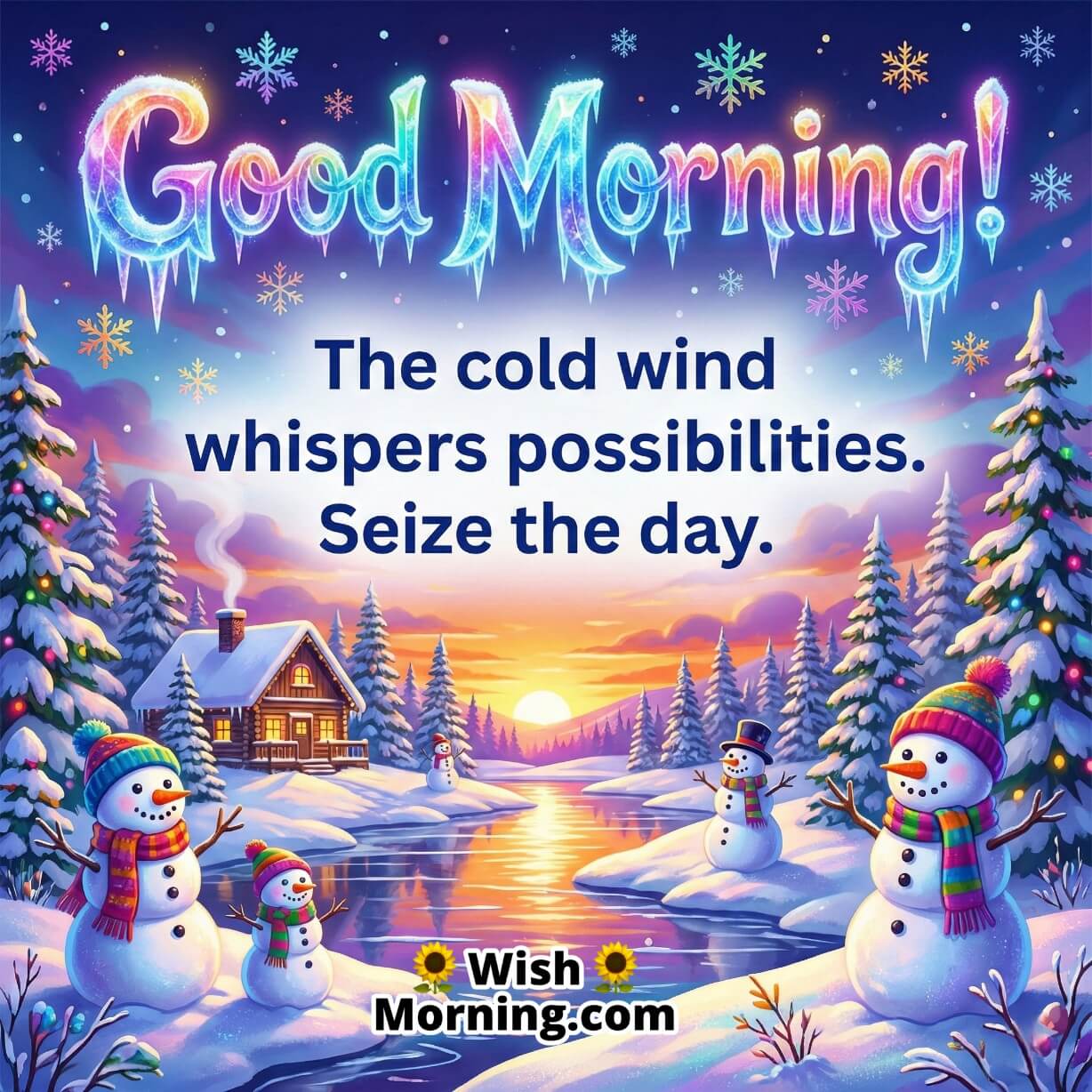 Inspirational Winter Good Morning Quote image featuring snowmen snowy trees a river and sunrise sky, symbolising motivation hope and fresh winter energy.
