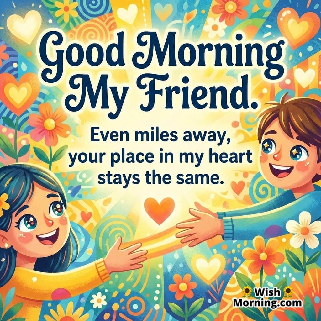 Good Morning My Friend image featuring two friends reaching out across a colourful background, symbolizing long distance bond and lasting friendship.