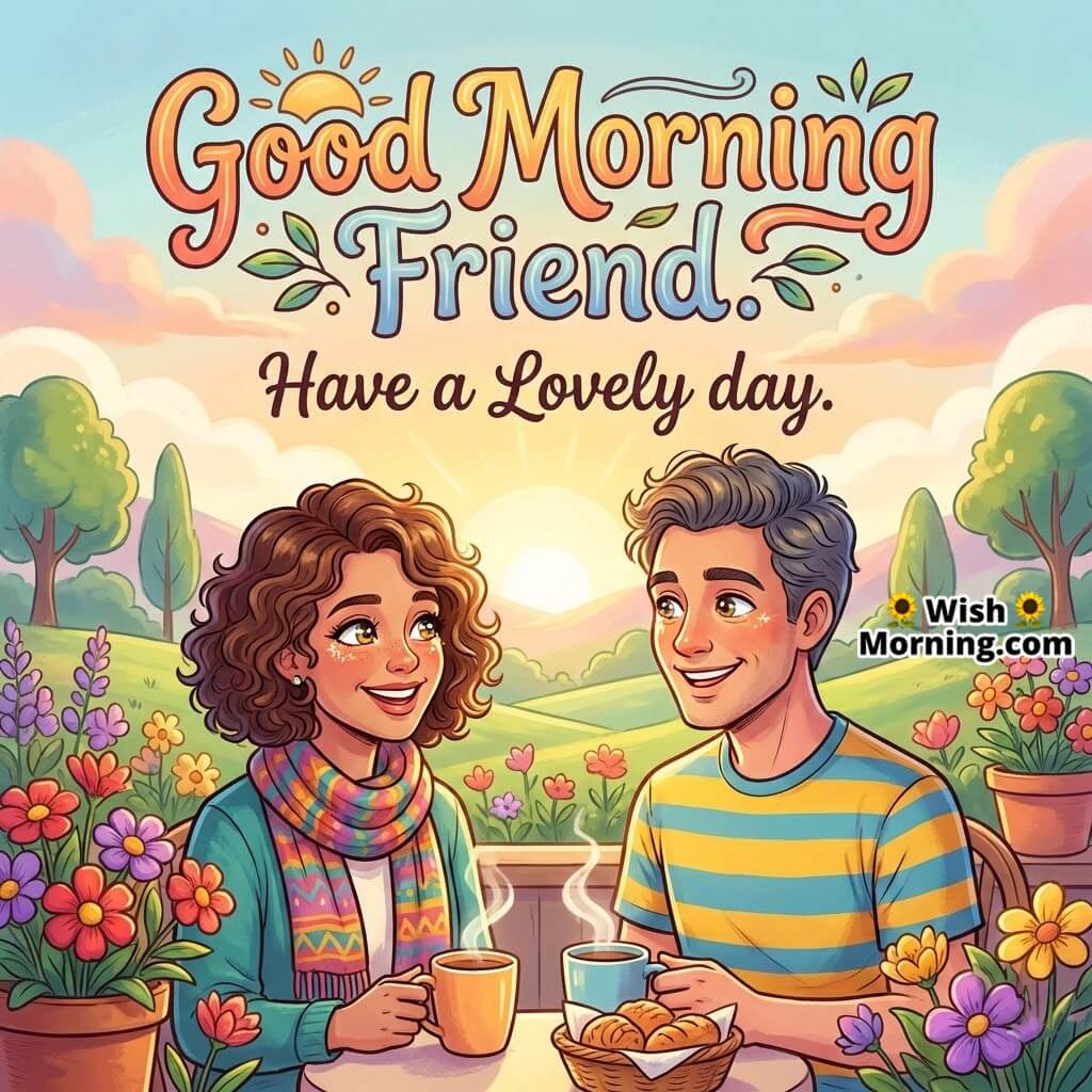 Lovely Good Morning Friend image featuring two friends enjoying coffee in a flower garden at sunrise, symbolizing warmth friendship and a pleasant day ahead.