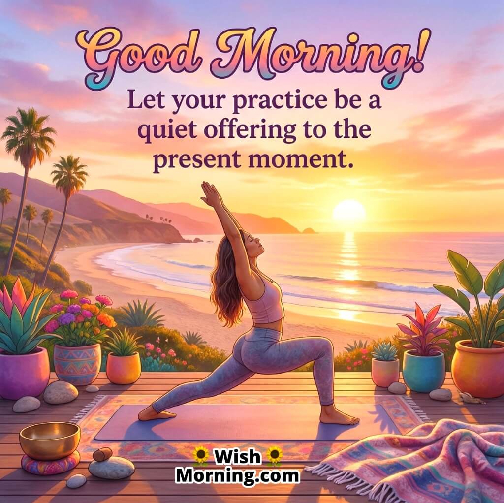 Mindful Good Morning Yoga Inner Awareness Quote image featuring a woman performing a yoga pose on a seaside deck at sunrise with plants and ocean view, symbolizing mindfulness presence and inner awareness.
