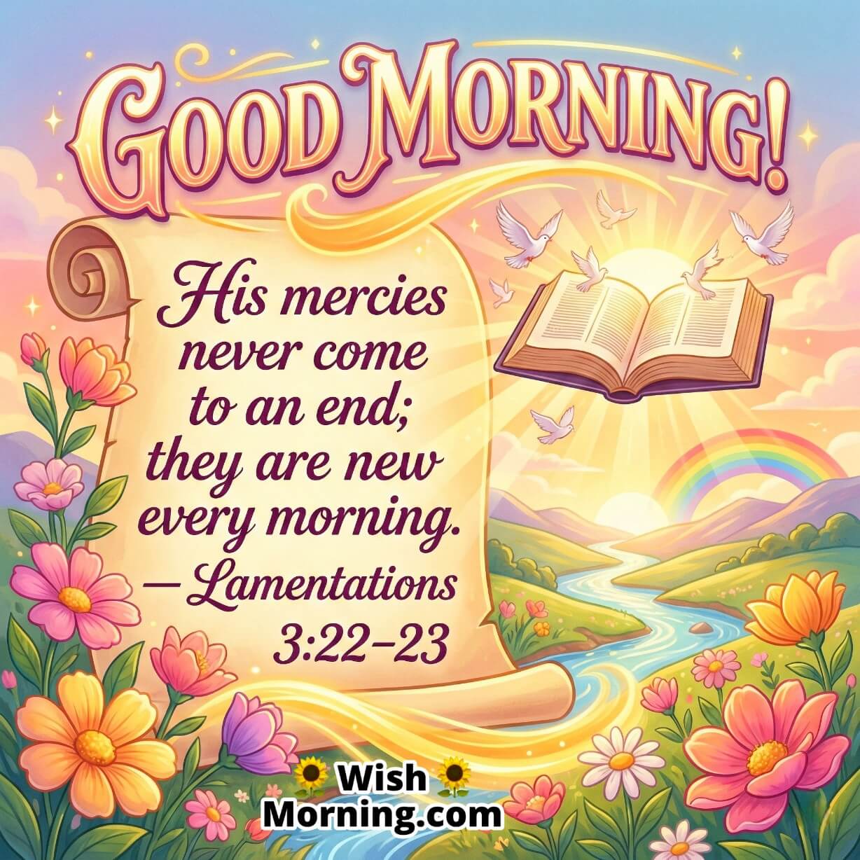 Good Morning Bible Verse with Lamentations 3:22–23, featuring flowing river, open scroll, flying doves, rainbow, and sunrise surrounded by bright floral beauty, symbolizing God’s new mercies and gentle blessings each day.