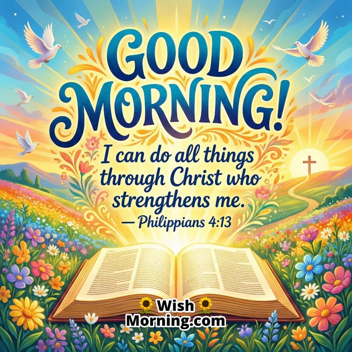 Good Morning Bible Verse Image with Philippians 4:13, showing an open Bible surrounded by colorful flowers, doves, and sunrise over a hill with a cross, symbolizing divine strength, courage, and new hope.