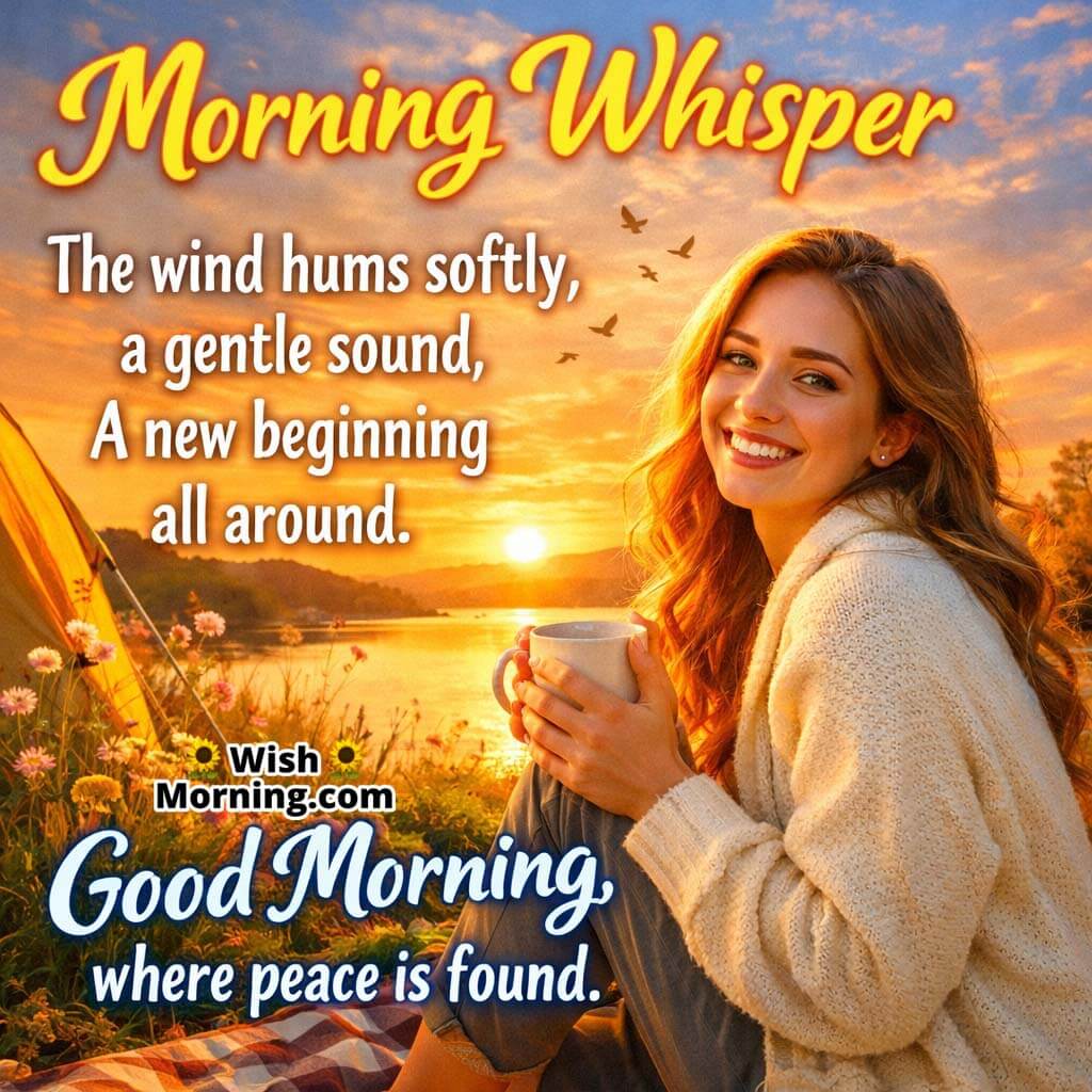 Morning Whisper Short Poem showing a calm woman holding a cup near sunrise, reflecting peace, gentle thoughts, and morning calmness.