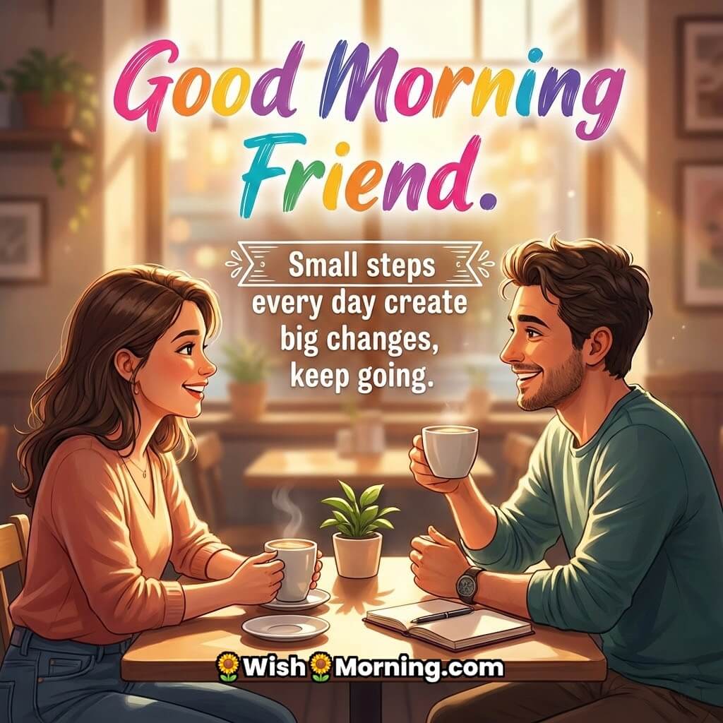 Good Morning Friend image featuring two friends talking over coffee indoors with warm light, symbolizing motivation progress and daily encouragement.