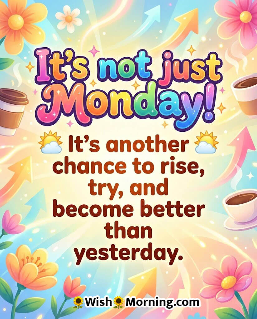 Monday motivation image with colorful flowers, arrows, and coffee cups symbolizing new beginnings, inspiration, and the chance to improve with each new day.