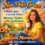 New Day’s Grace Morning Poem featuring a cheerful woman with coffee and flowers in warm light, symbolising renewal and fresh beginnings.