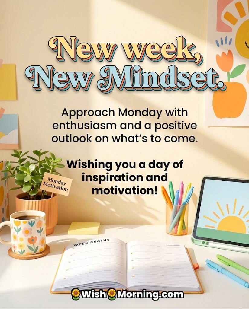 New Mindset Monday Motivation Quote Image, featuring a bright workspace with planner, coffee mug, plant, and pens, symbolising focus and a positive reset.