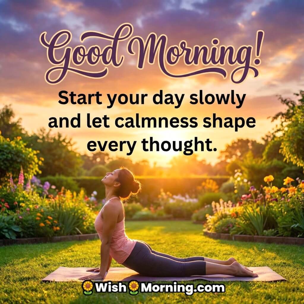 Peaceful Good Morning Yoga Message For A Calm Mind image featuring a woman practicing a gentle yoga stretch in a green garden at sunrise, symbolizing calmness patience and a relaxed start to the da