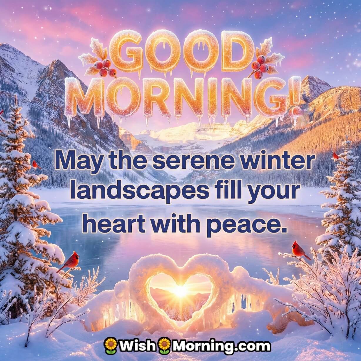 Peaceful Winter Landscape Good Morning Message image featuring a snowy lake mountains birds and heart shaped ice glow, symbolising calm love and inner peace.
