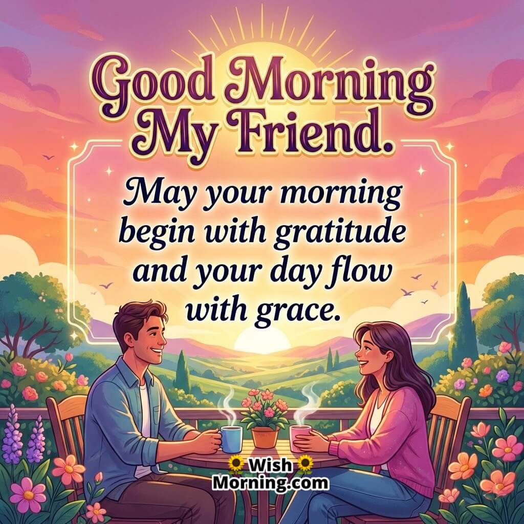 Good Morning My Friend image featuring a couple enjoying tea in a flower-filled landscape at sunrise, symbolizing gratitude harmony and calm energy.