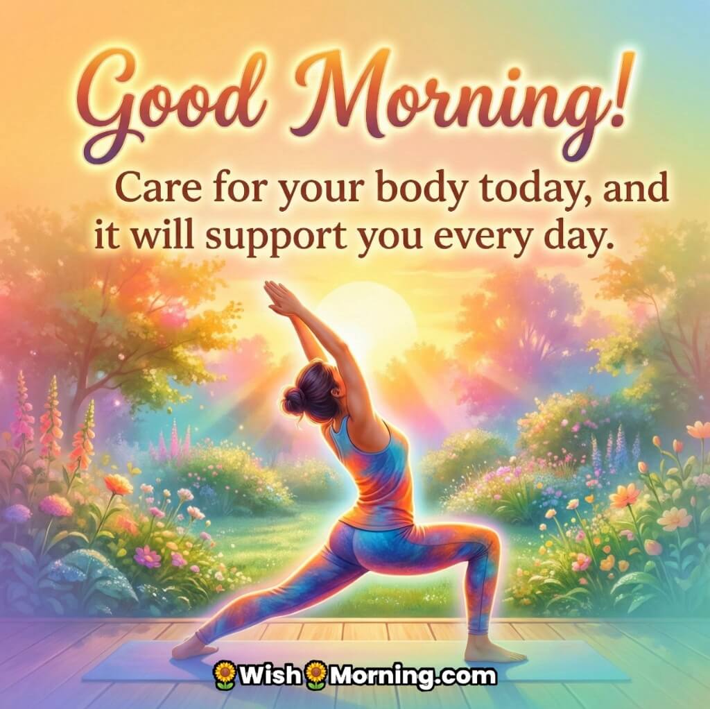 Positive Good Morning Self Care Yoga Message image featuring a woman stretching in a colorful garden with soft morning light, symbolizing self care strength and body positivity.