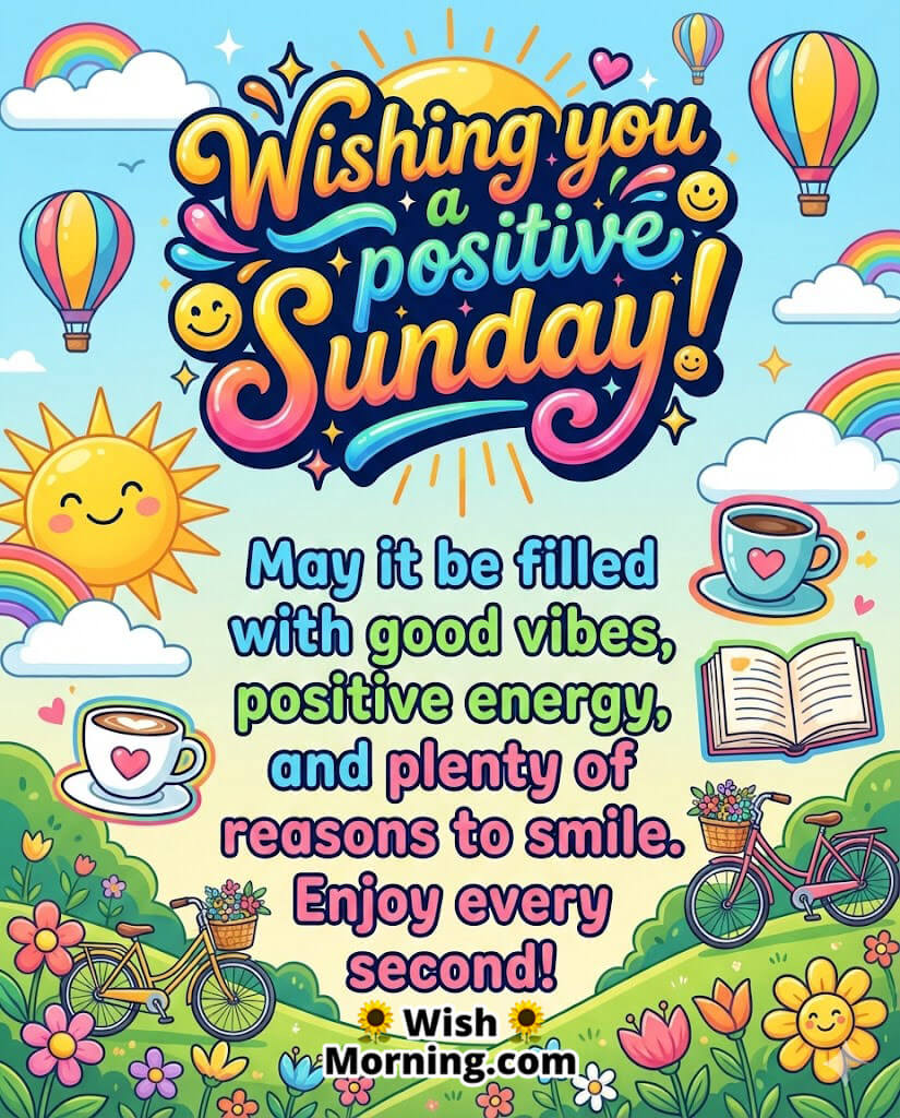 Positive Sunday image featuring smiling sun, rainbow, hot air balloons, and bicycles symbolizing happiness, optimism, and bright Sunday energy.