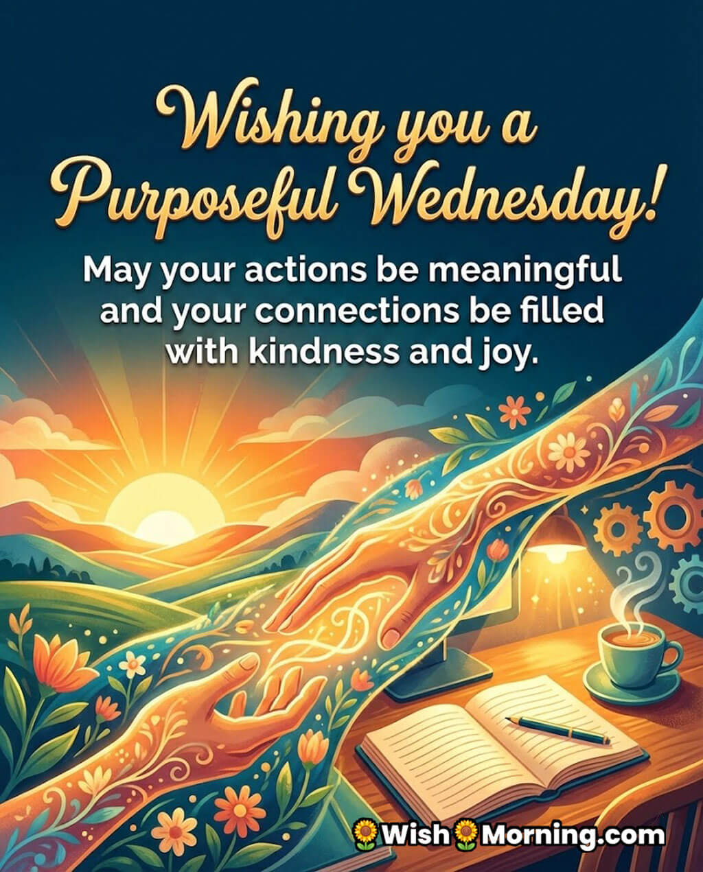 Purposeful Wednesday Quote Image for Kindness and Joy, featuring supportive hands with sunrise, books, and a coffee cup, symbolising meaningful actions and warm connections.