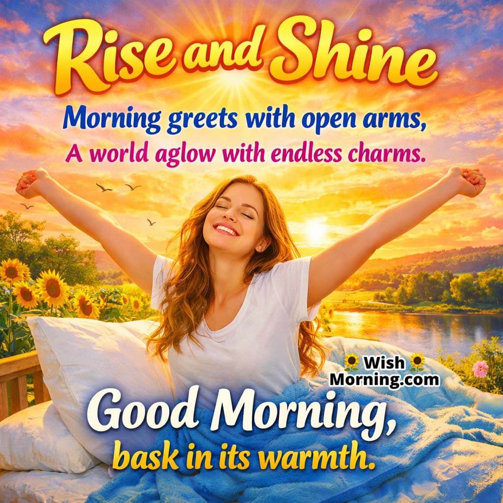 Rise and Shine Poem for Morning featuring a smiling woman stretching in golden sunlight, representing motivation and a bright start to the day.