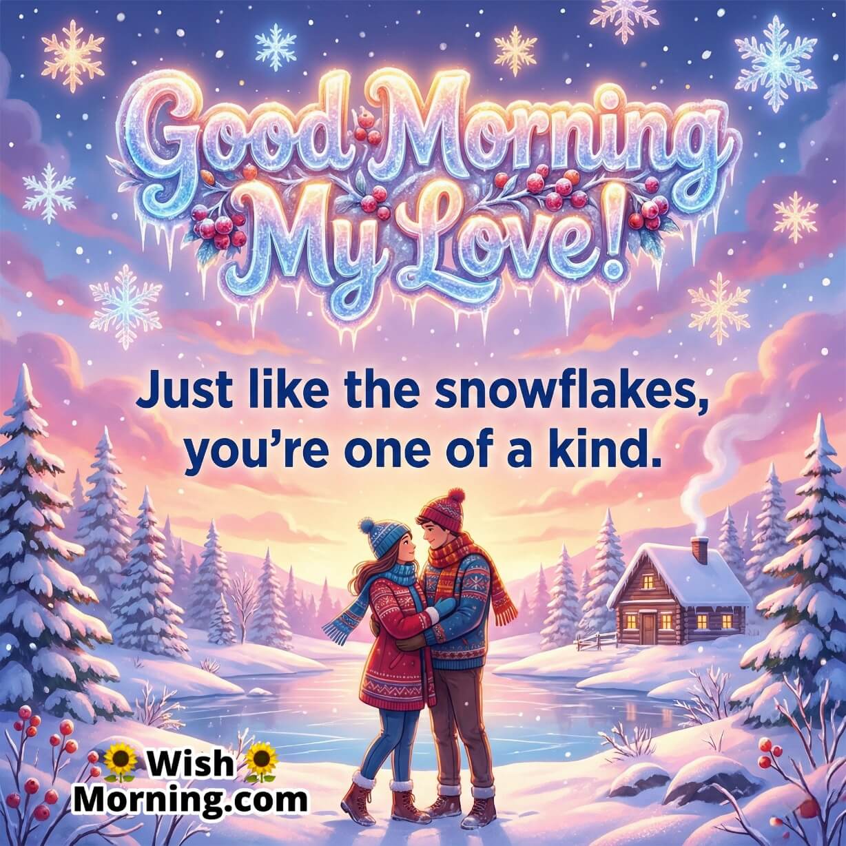 Romantic Winter Good Morning My Love Message image featuring a couple holding each other near a frozen lake with snowfall, symbolising love warmth and emotional closeness.