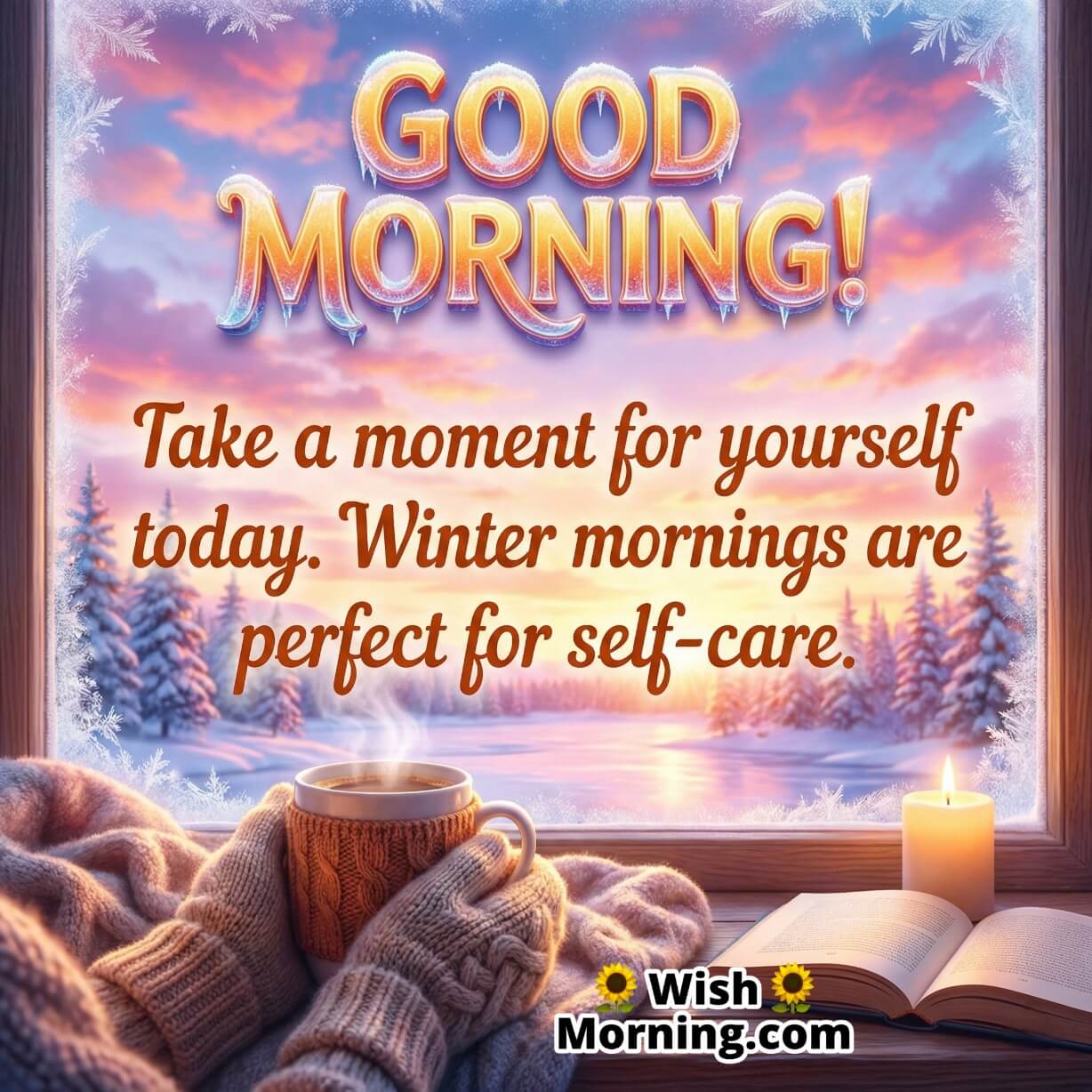 Self Care Winter Good Morning Message image featuring a cozy window view with snow outside coffee cup book and candle, symbolising relaxation mindfulness and gentle mornings.