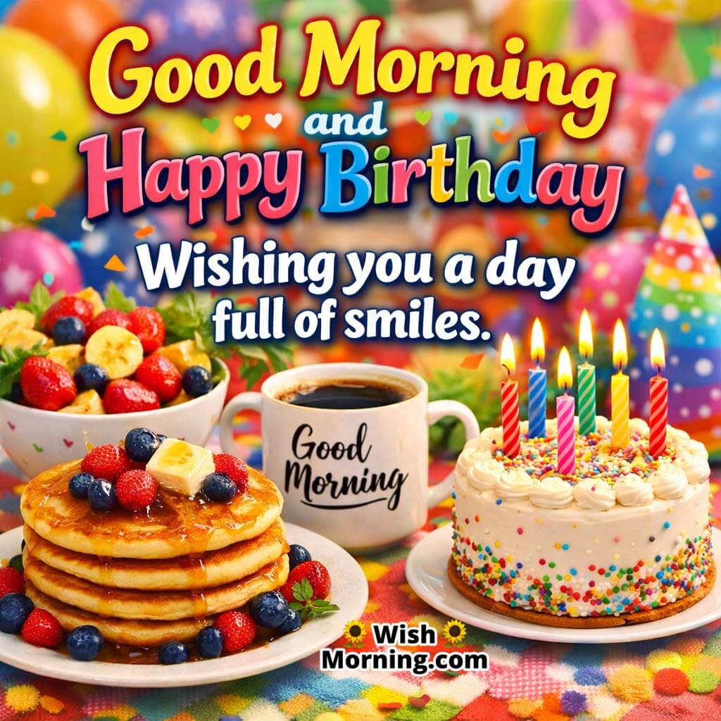 Smiling Birthday Morning Good Morning Happy Birthday Wish image featuring pancakes coffee mug fruit bowl and a small candle cake on a bright breakfast table symbolizing happiness warmth and a joyful birthday start
