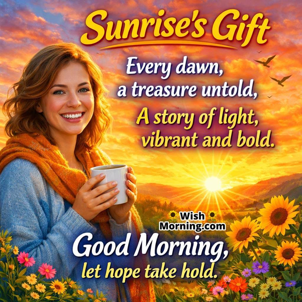 Sunrise’s Gift Short Morning Poem showing a smiling woman against a glowing sunrise and flowers, expressing hope, gratitude, and inspiration.