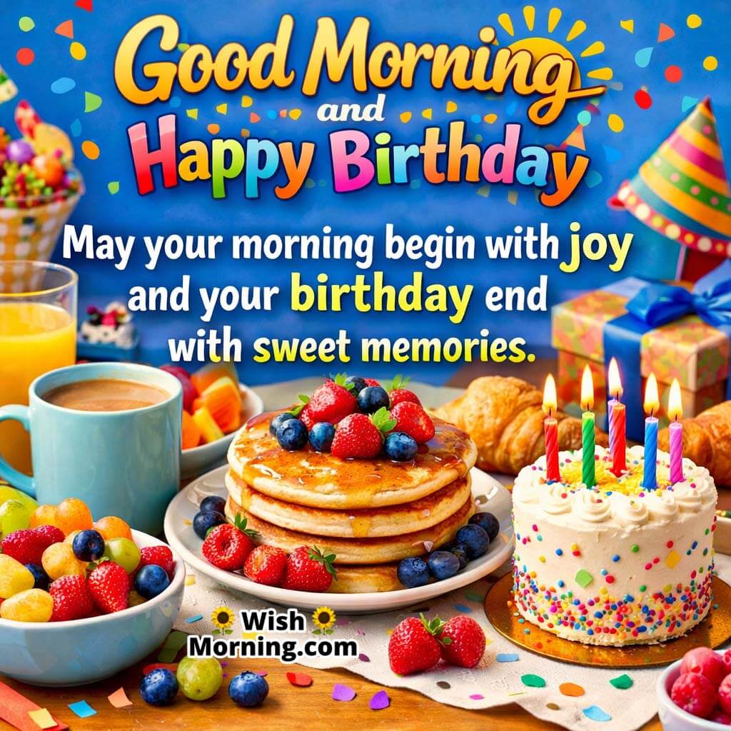 Sweet Birthday Morning Breakfast Wish image featuring pancakes coffee fruits and a candle cake on a bright birthday table symbolizing joy and warm celebration