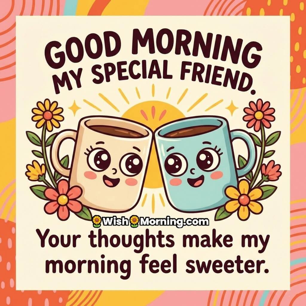 Good Morning My Special Friend image featuring two cute coffee cups with smiling faces and flowers, symbolizing sweetness affection and joyful thoughts.