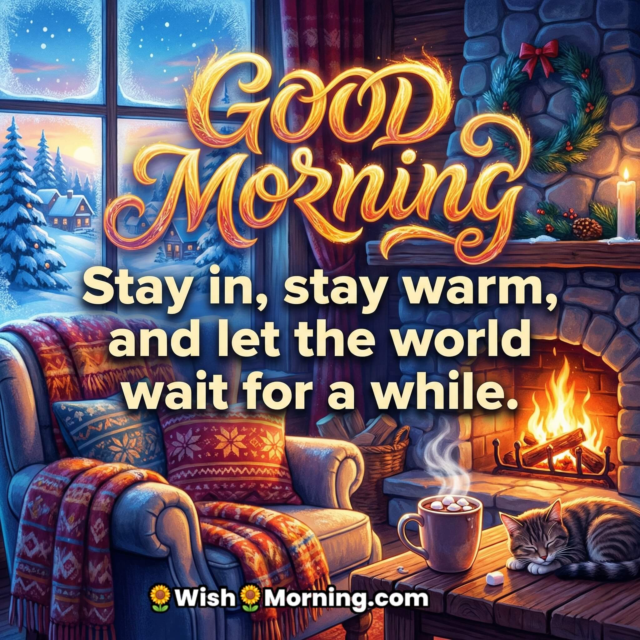 Warm Winter Good Morning Cozy Quote image featuring a warm living room with fireplace coffee mug blanket and sleeping cat, symbolising comfort relaxation and calm winter vibes.