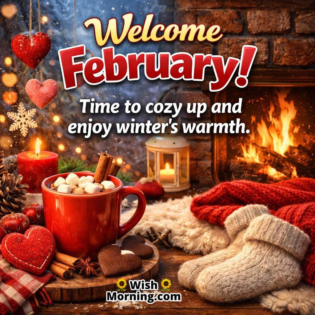 Welcome February Cozy Morning image featuring a warm fireplace, hot drink, and winter decor, symbolising comfort and seasonal warmth.