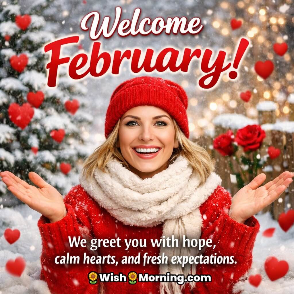Welcoming February with Hope showing a cheerful woman in red winter clothing with open hands amid falling snow and heart décor, symbolising calm hearts and fresh expectations.