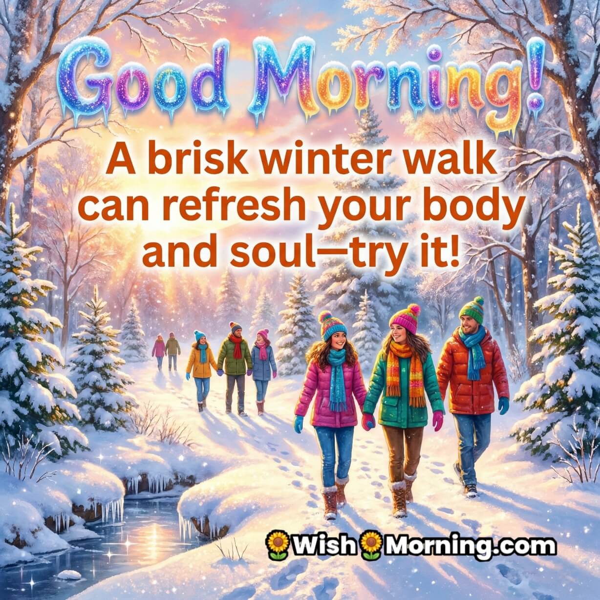 Winter Good Morning Motivation Message image featuring friends walking together on a snowy path with sunlight, symbolising energy freshness and healthy winter habits.