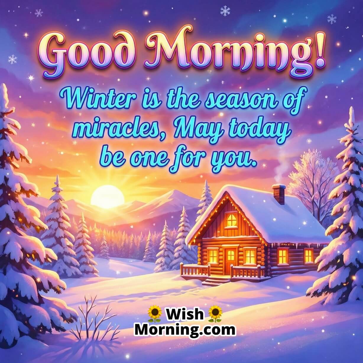 Winter Miracle Good Morning Inspirational Quote image featuring a cozy wooden cabin glowing at sunrise with snowy trees, symbolising hope miracles and positive beginnings.