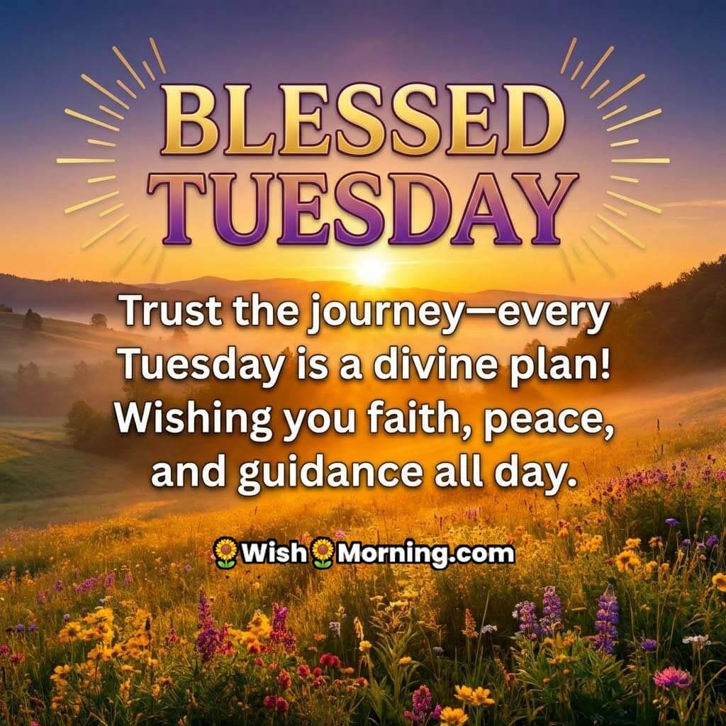 Blessed Tuesday message image showing a golden sunrise over a peaceful flower-filled meadow, symbolising faith, calmness, and divine guidance.