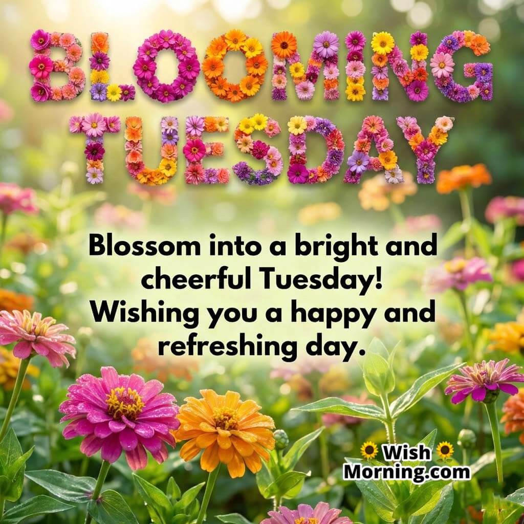 Blooming Tuesday Flower Message Image, featuring colorful flowers forming text with a soft garden background and fresh blossoms, symbolising positivity, growth, and a cheerful Tuesday.